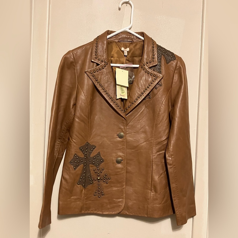 NEW Reba (McEntire) Womens Soft Leather Jacket Cognac Embellished Cross Studded